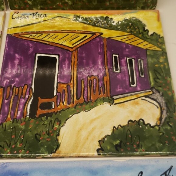 SET of 6 Ceramic Tiles Hand Painted Village Homes Houses  Costa Rica 6" x 6 - Picture 8 of 9